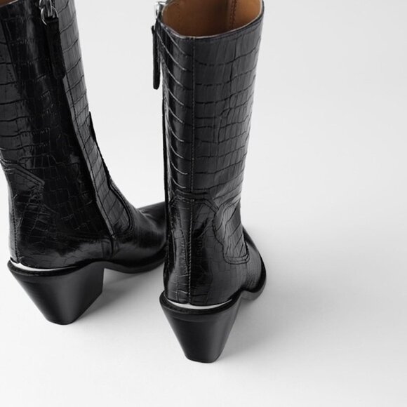 Zara Leather Cowboy Heel Ankle Boots With Metal Trim - Picture 7 of 8